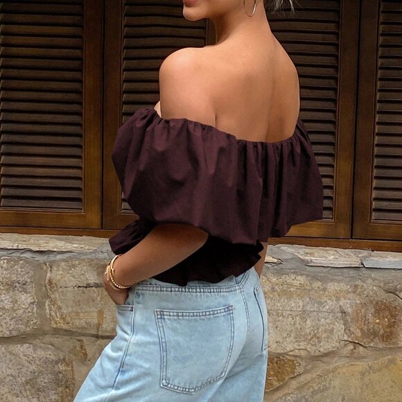 Burgundy Elegant Women's Strapless Off Shoulder Cropped Blouse - Picture 2 of 7